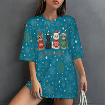 Drop Shoulder Baggy Tee with Cute Christmas Kitties, Unisex, Loungewear, Casual, Fun