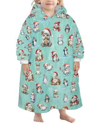 One-Size  Blanket Hoodie for Tots, Featuring Artic Friends Celebrating Christmas