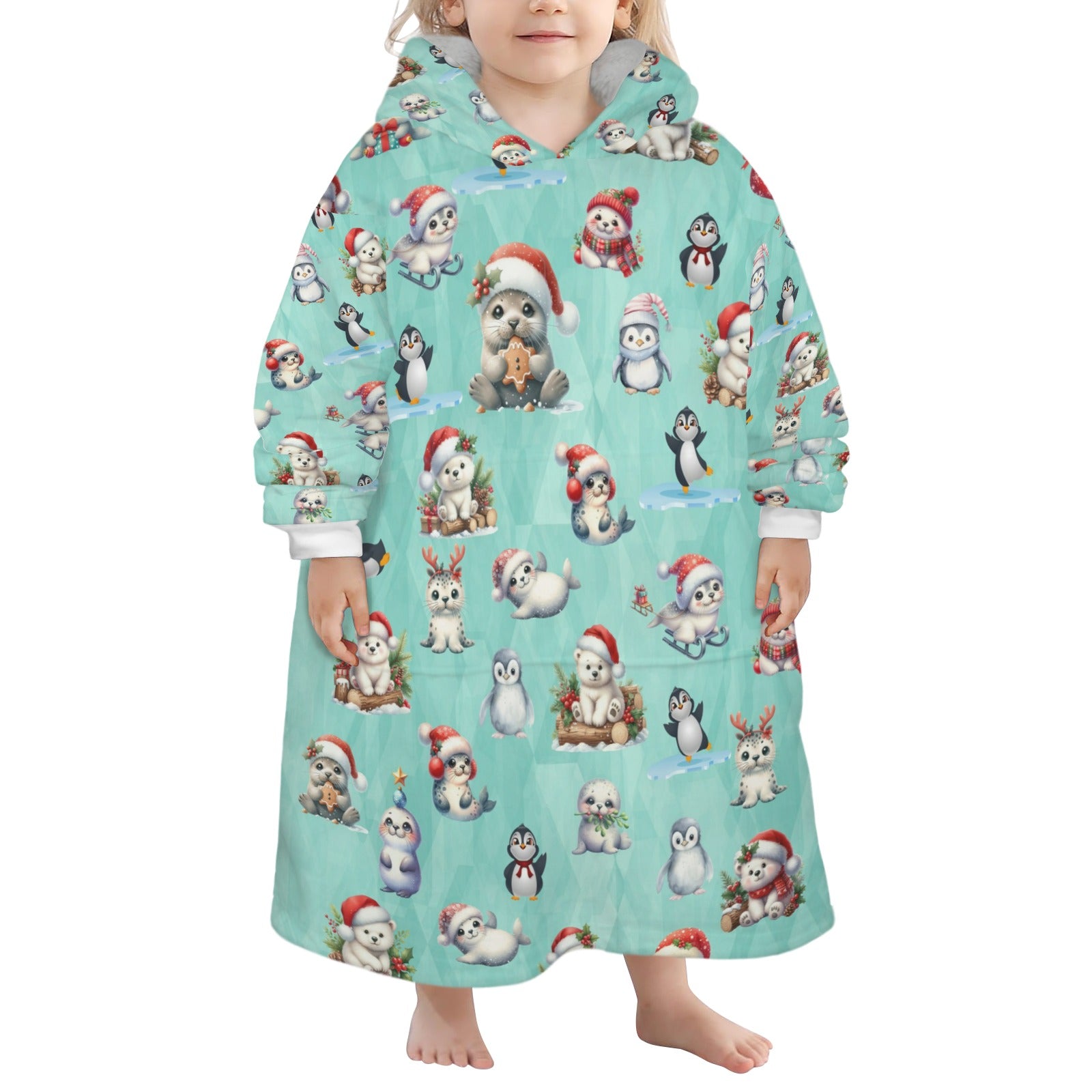 One-Size  Blanket Hoodie for Tots, Featuring Artic Friends Celebrating Christmas