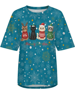 Drop Shoulder Baggy Tee with Cute Christmas Kitties, Unisex, Loungewear, Casual, Fun