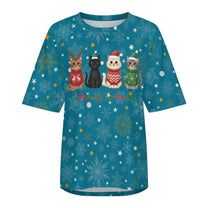 Drop Shoulder Baggy Tee with Cute Christmas Kitties, Unisex, Loungewear, Casual, Fun