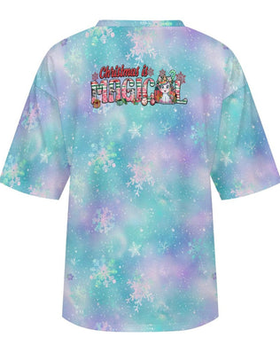 Drop-Shoulder Baggy Tee with 'Believer' Unicorn Christmas Design